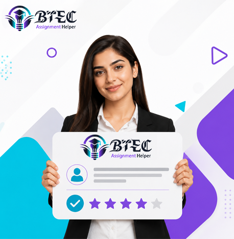 Student holding a review card representing trusted BTEC Assignment Helper with verified student feedback.